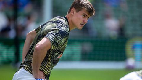Jaka Bijol of Leeds United during team warm-up in pre-season