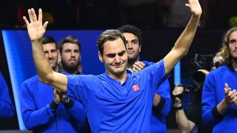 Roger Federer reacts after playing his final game a doubles with Spain's Rafael Nadal of Team Europe in the 2022 Laver Cup at the O2 Arena in London.