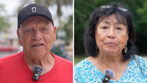 A splitscreen shows a man on the left wearing a black cap and a red shirt looking at the camera, and a woman on the right with dark brown hair and a blue patterned shirt also looking at the camera