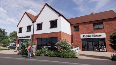 A CGI rendition of the proposed development showing a modern brick building with a sign reading "convenience store" at one end and another which says "public house" at the other. The first floor is rendered in white with windows belonging to flats. 