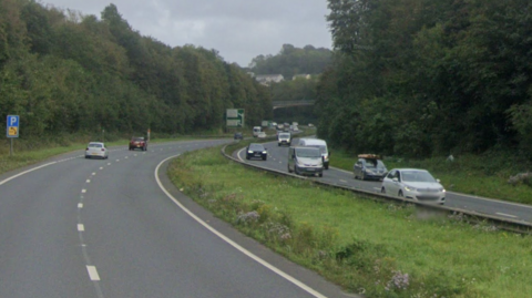 A portion of the A38 dual carriageway. There is a section of grass and fencing running along the middle to separate traffic.