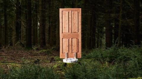 A wooden door on a small platform amongst trees and shrubland