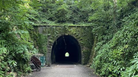 A former railway tunnel nestled below greenery and trees on the Strawberry Line walking path. 