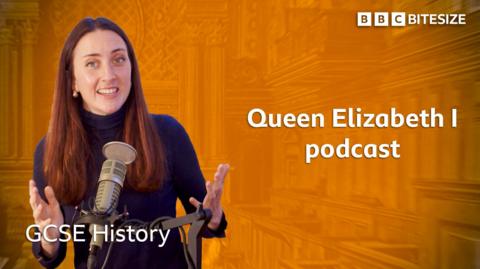 Cover image for Bitesize GCSE History: Queen Elizabeth I podcast with presenter smiling in front of microphone.