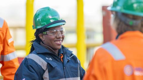 Conservative Party leader Kemi Badenoch visits the Well-Safe Protector Oil Rig in Aberdeen, during campaigning for the Scottish Parliament elections.