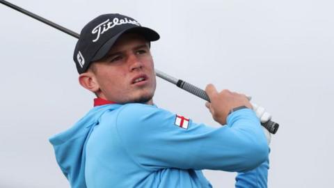 Tyler Weaver of England tees off during previews for the 2024 Amateur Championship at Ballyliffin Old Course in Donegal