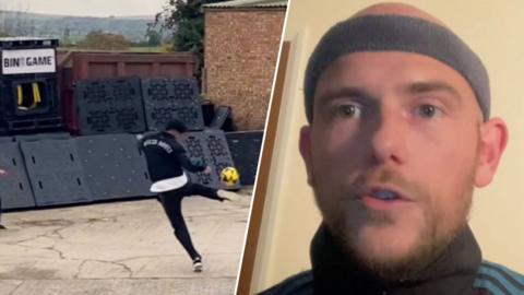 Split image of a man playing Bin Game and Connor Fathers, aka Donnay Supreme, wearing a headband and talking to 5Live