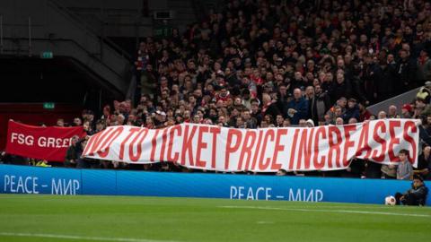 Liverpool hold a banner reading 'No to ticket price increases' on the Kop before kick-off in a Uefa Champions League match