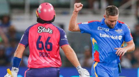 Durban's Super Giants' Chris Woakes celebrates the wicket of Paarl Royals' Joe Root