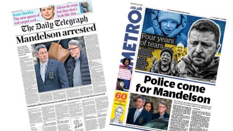 A composite image of the front pages of the Metro and the Daily Telegraph on 24 February 2026