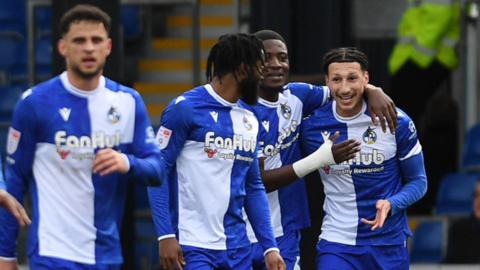 Yusuf Akhamrich of Bristol Rovers celebrates scoring a goal with team mates