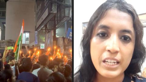 Split screen of protest and protest participant