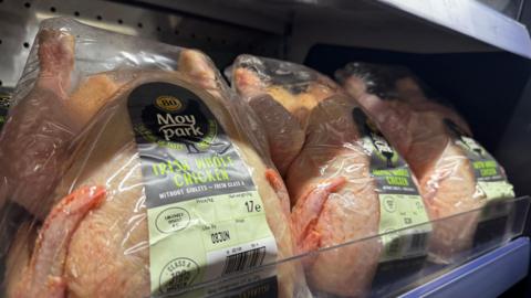 A row of Moy Park chickens on a shelf 