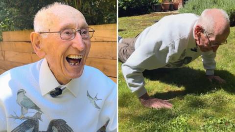 A composite of two photographs. On the left and older man in a sweatshirt laughs; on the right the same man is going press-ups on a lawn.