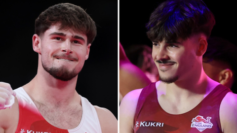 On the left, Adam Tobin, wearing England's white and red vest, pumps his fists during the men's all around gymnastics final at the Commonwealth Games. On the right, Gabriel Langton, wearing England's red vest, smiles as he walks out for the men's team gymnastics final at the Commonwealth Games.
