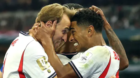 England captain Harry Kane and Jude Bellingham celebrate a goal in their win over Mexico