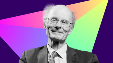 A composite image of Sir John Curtice, in grey, against a colourful graphic background