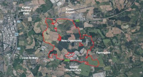 A map of East Devon showing  the proposed area of the new town. 
