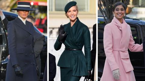 First lady Melania Trump, President Trump's daughter Ivanka Trump, and Usha Vance, wife of Vice President-elect JD Vance, are wearing fashionable blue, green, and pink outfits respectively 