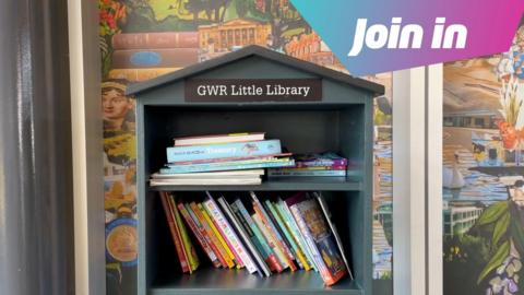Mini library with a Newsround 'Join in' logo in the right hand corner 