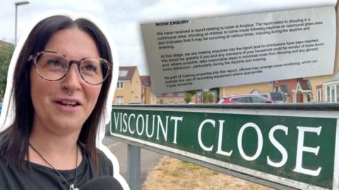 Green "Viscount Close" street sign, woman with black hair and glasses looking confused. Complaint letter can also be seen.