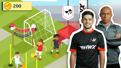 Jamie and Coach are standing in front of a screenshot of a management game where you build a football festival