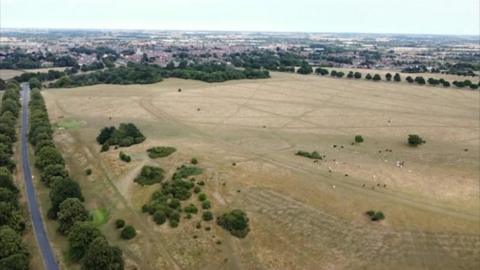 Aerial view of Beverley Westwood showing clumps of trees and swathes of grassland crossed by a road