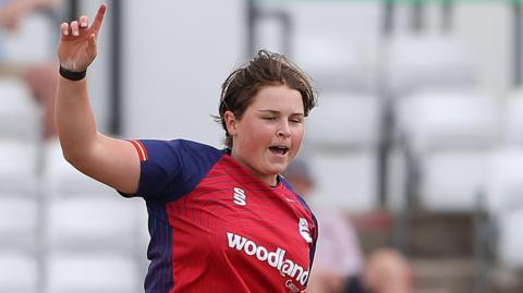 Grace Scrivens celebrating taking a wicket for Essex