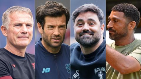 Rheolwr Wrecsam Phil Parkinson, rheolwr Caerdydd Brian Barry-Murphy, rheolwr Abertawe Vitor Matos a rheolwr Casnewydd Hayden Mullins.