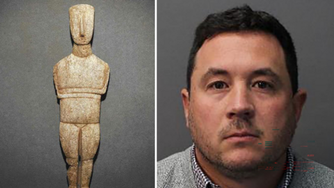 Composite image showing a mug shot of Andrew Crowley to the right and one of the statues to the left. Crowley is wearing a light grey jumper and checked shirt underneath, he has short dark hair and short stubble.