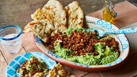 Edamame and pea spread with five-spice tofu topper