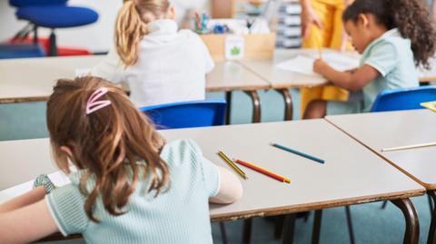 Schoolgirl writing at classroom desk in primary school lesson, rear view