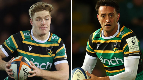 Fin Smith (left) and Alex Mitchell in action for Northampton