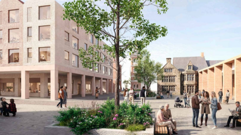 A building that appears to be fourth storeys high is on the left of the computer generated image. Another buildings are on the right and people are in the foreground - standing up or sitting.