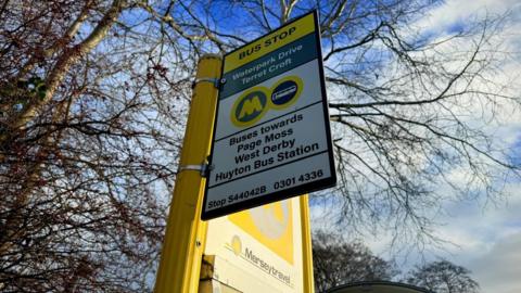 Photo of a sign at a Merseyside bus stop. Reads: Waterpark Drive Terret Croft. 