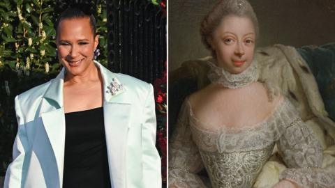 Golda Rosheuvel who plays Queen Charlotte in Bridgerton alongside a portrait of Queen Charlotte