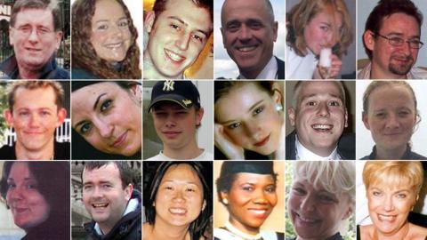 Composite picture featuring 18 photos of the 52 people killed in the London bombings