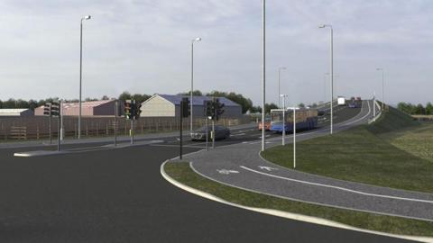 An artist impression of the new bridge with traffic driving along it and traffic lights in the foreground