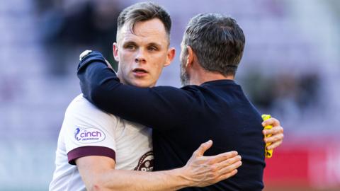 Hearts' Lawrence Shankland and Derek McInnes embrace