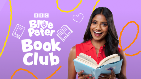 Blue Peter presenter reading a book and smiling with 'Book Club' branding alongside her.