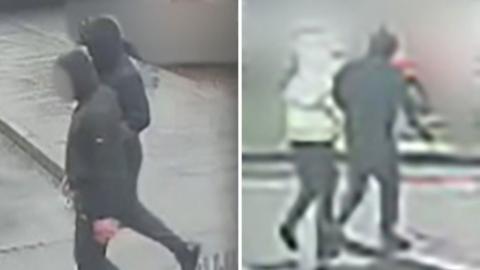 Two photos side by side. On the left: two men walking side by side in black with blurred faces, hoods up and black shoes walking on a wet looking pavement. On the right: two men's back, walking away side by side. The one on the left is wearing a yellow high viz jacket. The background is blurred out.