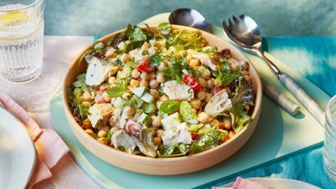Chicken salad in a light brown bowl