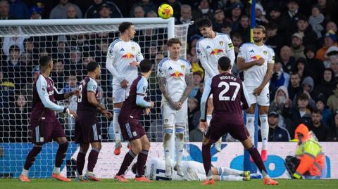 Aston Villa midfielder Morgan Rogers scores a free-kick against Leeds United