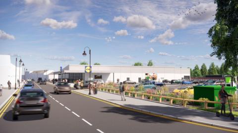 An artist's impression of the proposed new Lidl store in Bilston High Street shows a modern building with a car park to one side and people walking on the pavements.