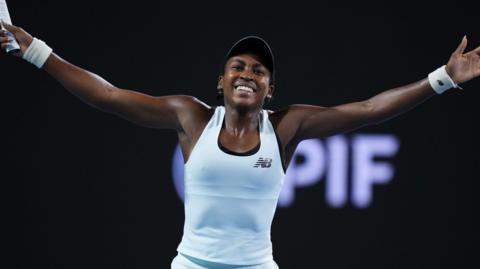 Coco Gauff celebrates her victory at the Miami Open