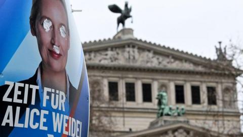 Defaced poster of Alice Weidel, co-leader of the AfD party