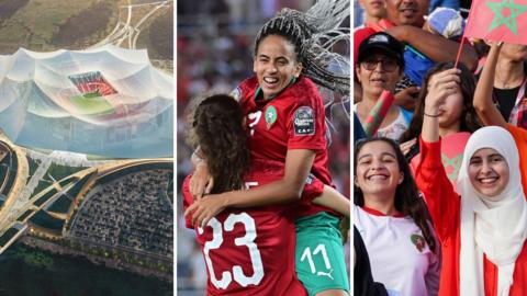 A triptych showing, left, an artist's impression of the Stade Hassan II, centre, Rosella Ayane and Fatima Tagnaout celebrating a goal and, right, two female Morocco fans
