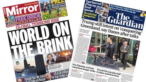 A composite image of the front pages of the Daily Mirror and the Guardian on 15 January 2026