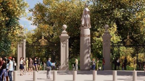 An artist's impression of a statue of Queen Elizabeth II which is positioned on a column towering over ornamental gates near trees.