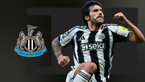 Sandro Tonali celebrating scoring for Newcastle, in front of a black background and the club crest